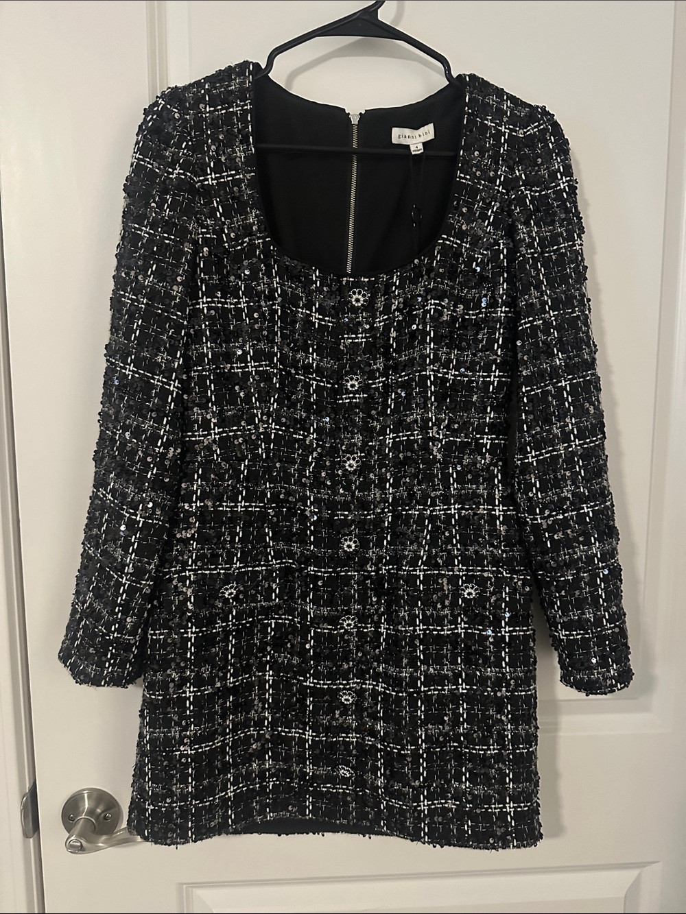 Gianni Bini Black and White Tweed Long-Sleeve Shift Dress